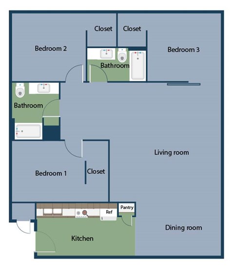 A diagram of a house layout with three bedrooms, a living room, a dining room, a kitchen, and two bathrooms.